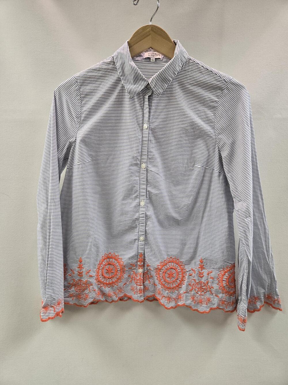 Crown & Ivy Shirt Womens Small Blue White Stripe Embroidered Hem Button Up Top